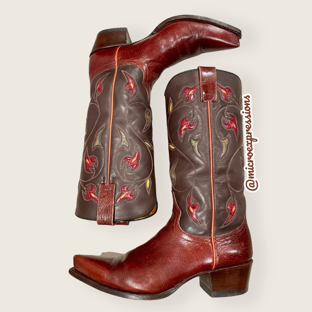 1970s VINTAGE Frye Prairie Flower Boho Brown Real Leather Western Cowboy Boots - Picture 6 of 16